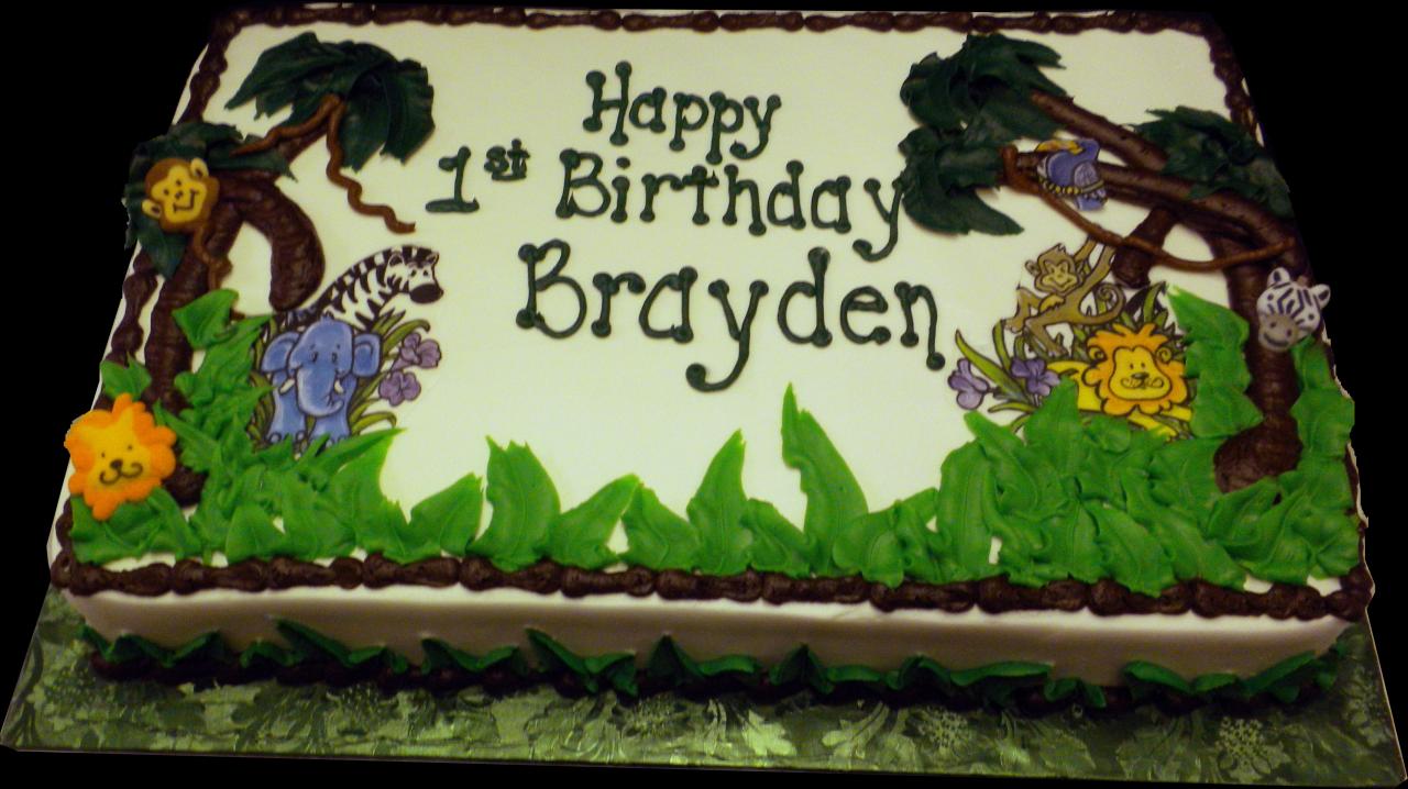 Jungle+Theme+Sheet+Cake+Images , sheet cake, decorated with jungle trees, jungle flowers and jungle ...