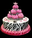 Zebra Princess Birthday cake,  White buttercream iced,  round decorated with an edible zebra stripe wrap, pink frosted cupcakes, pink pearls, bows, jewels and a pink tiara.  Everything on this cake is EDIBLE.  (Serves 8-80 party slices)