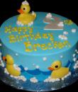 Rubber Duckies 2nd Birthday Cake. Blue buttercream iced, round decorated with rubber duckies, waves, edible soap bubbles and pearls. Everything on this cake is EDIBLE. (Plastic duck figurine provided by client) (Serves 8-80 party slices) 