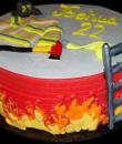 Fire Fighter Birthday Cake. White buttercream iced, round decorate with an edible brick wall, fireman's jacket, axe, helmet, hose, ladder and flames. Everything on this cake is edible. (Serves 8-80 party slices.)