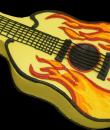 Flaming Guitar Birthday Cake. Yellow buttercream iced, guitar shaped cake, decorated with flames. Everything on this cake is edible. 