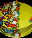 Jacobean Paisley Birthday Cake. Yellow buttercream iced, round decorated with edible applique jacobean flair and paisley designs. Everything on this cake is edible. (Serves 8-80 party slices.) 