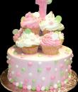 Pink Polka Dot Cupcake 1st Birthday Cake,  Pink buttercream iced,  round decorated with pink and green polka dots and topped with pink and white frosted cupcakes. Everything on this cake is EDIBLE. (Serves 8-80 party slices)
