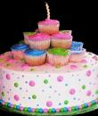 Cupcakes and Dots Birthday cake,  White buttercream iced, round decorated with  pink, green and blue dots and topped with frosted cupcakes.  everything on this cake is EDIBLE.  (Serves 8-80 party slices)