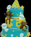 Monkey 1st Birthday Cake, Aqua and Yellow Buttercream iced,  3 tiers adorned with gumpaste monkeys and party hat, dots, and stars .